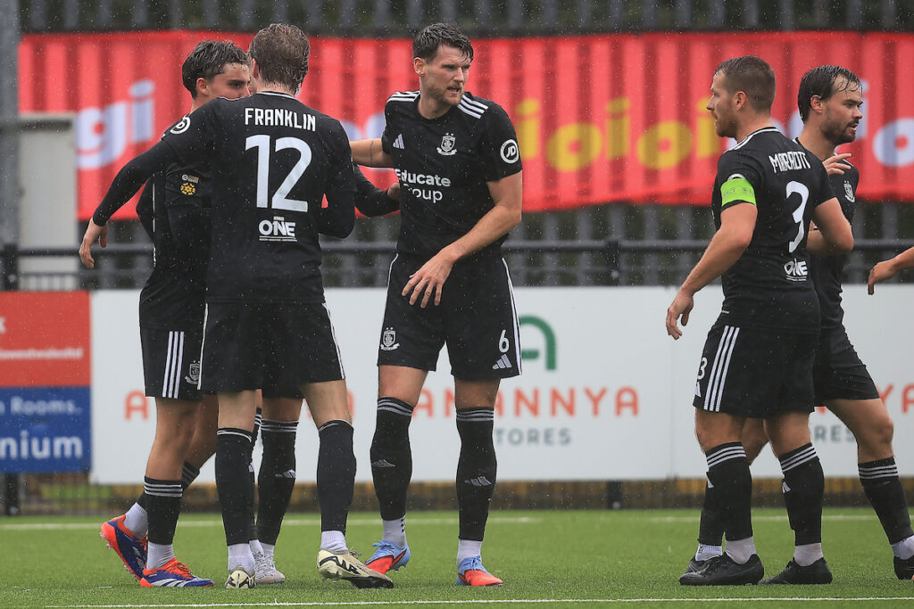 Callum West of Connah's Quay Nomads celebrates after scoring during the 2025/26 JD Cymru Premier league fixture between Haverfordwest County AFC & Connah’s Quays Nomads FC at Ogi Bridge Meadow Stadium, Haverfordwest, Wales